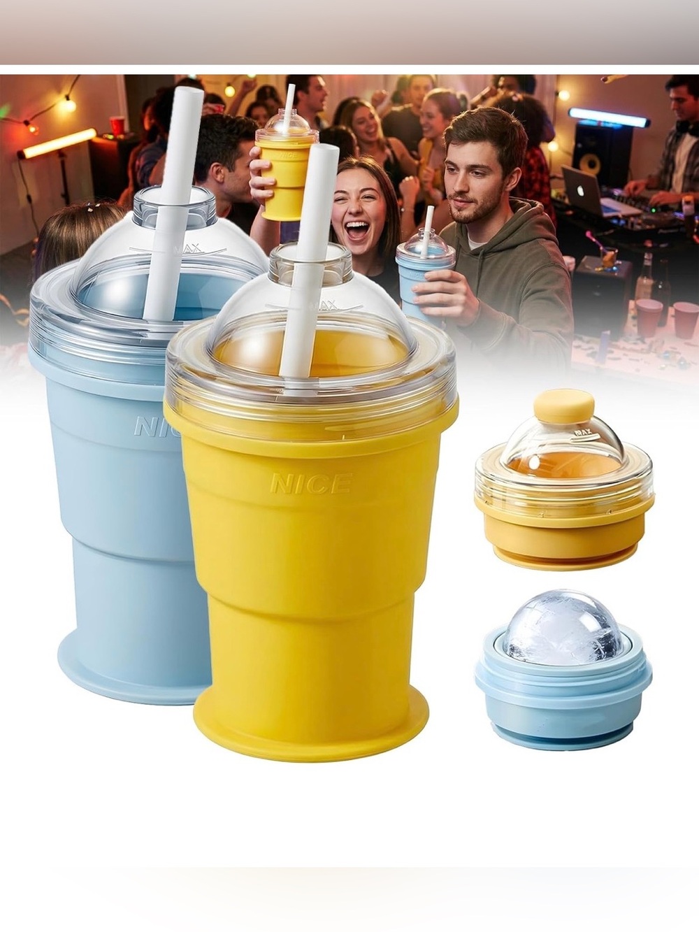Portable Foldable Ice Hockey Drink Cup With Ice Ball Mold (Blue+Yellow)